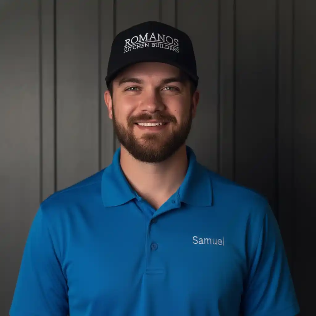Samuel Romanos, owner of Romanos Kitchen Builders, professional portrait with company branding