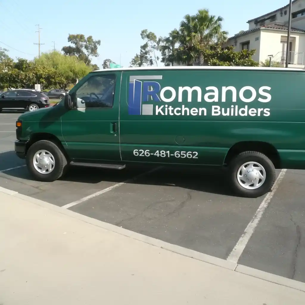 Romanos Kitchen Builders company van with business name and phone number 626-481-6562